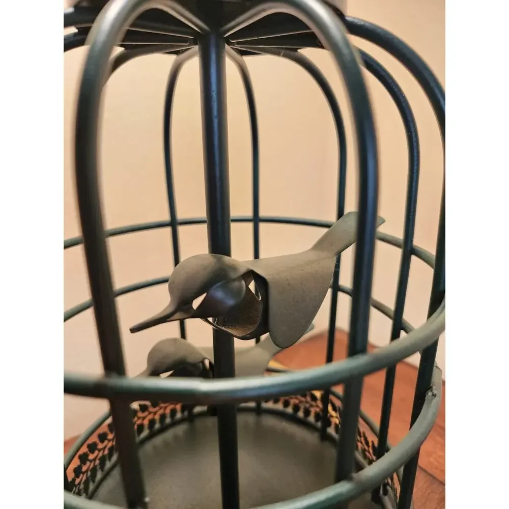 Vintage 1960s Steel Rod Hunter Green Birdcage Table Lamp 2 Stylized Birds